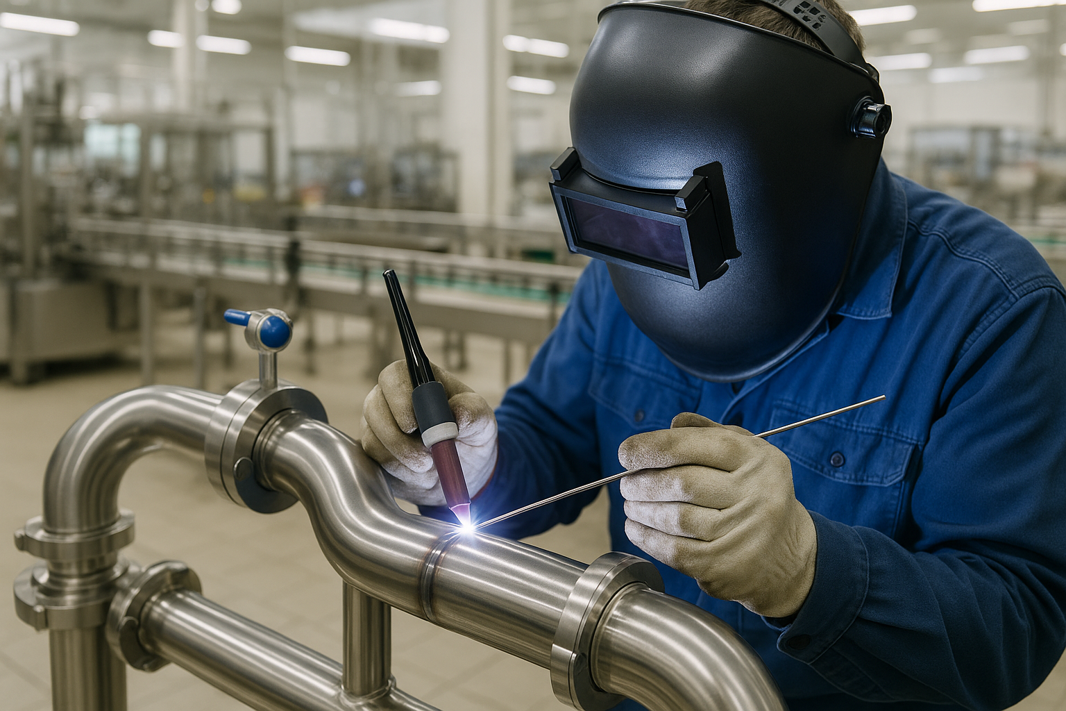 “Exemplo de solda higiênica polida em tubulação de aço inox AISI 316 usada na indústria de alimentos”